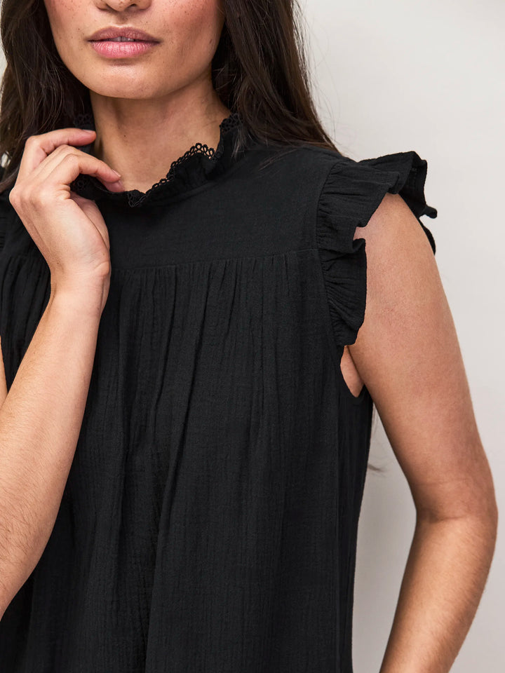 Black Cheesecloth Frill Neck Mini Dress for Women - gallery