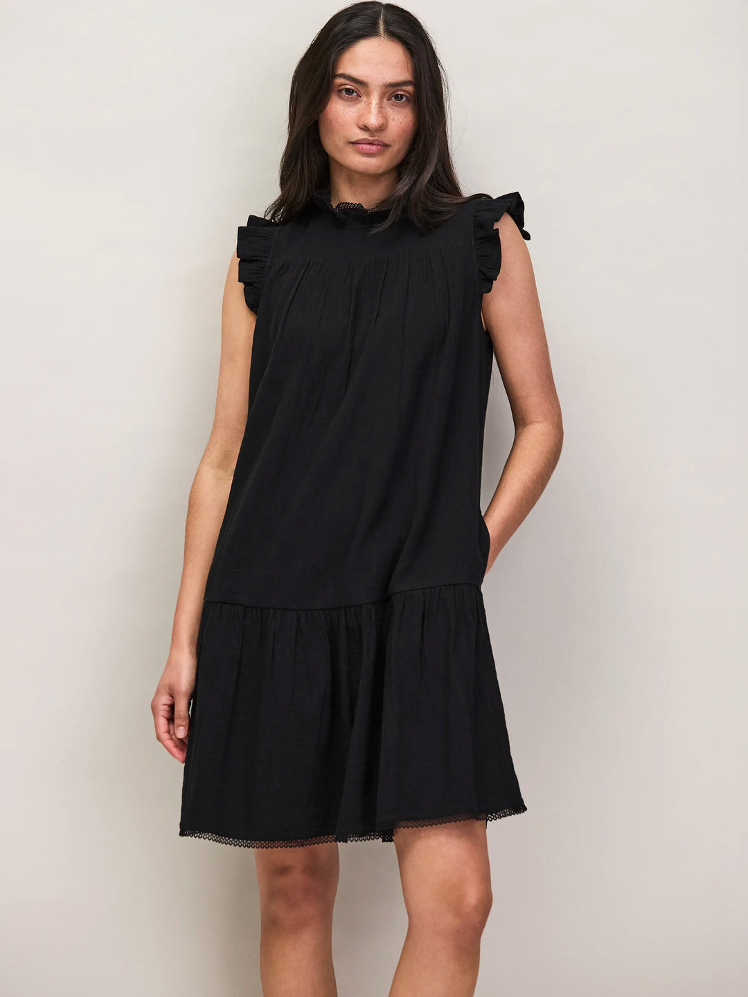 Black Cheesecloth Frill Neck Mini Dress for Women - gallery