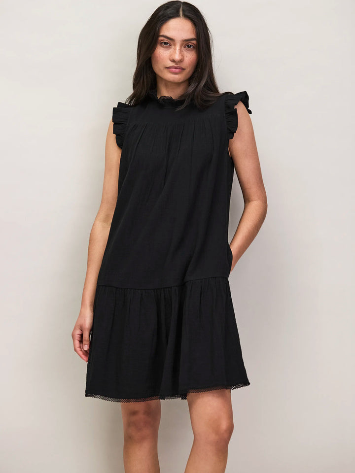 Black Cheesecloth Frill Neck Mini Dress for Women - gallery