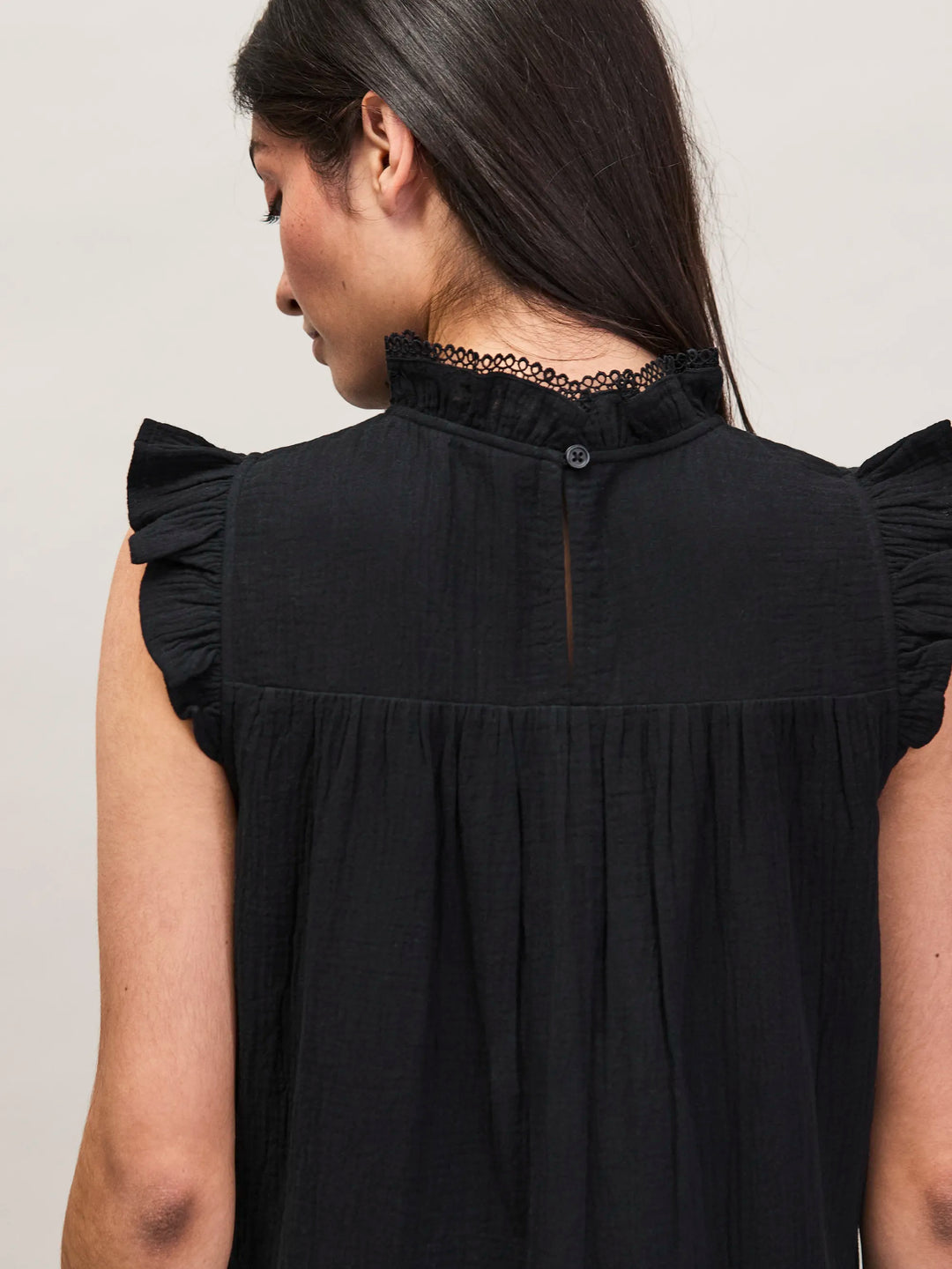 Black Cheesecloth Frill Neck Mini Dress for Women - gallery