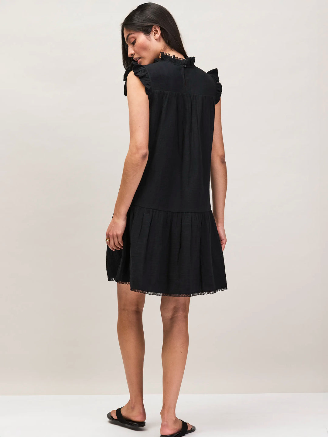 Black Cheesecloth Frill Neck Mini Dress for Women - gallery