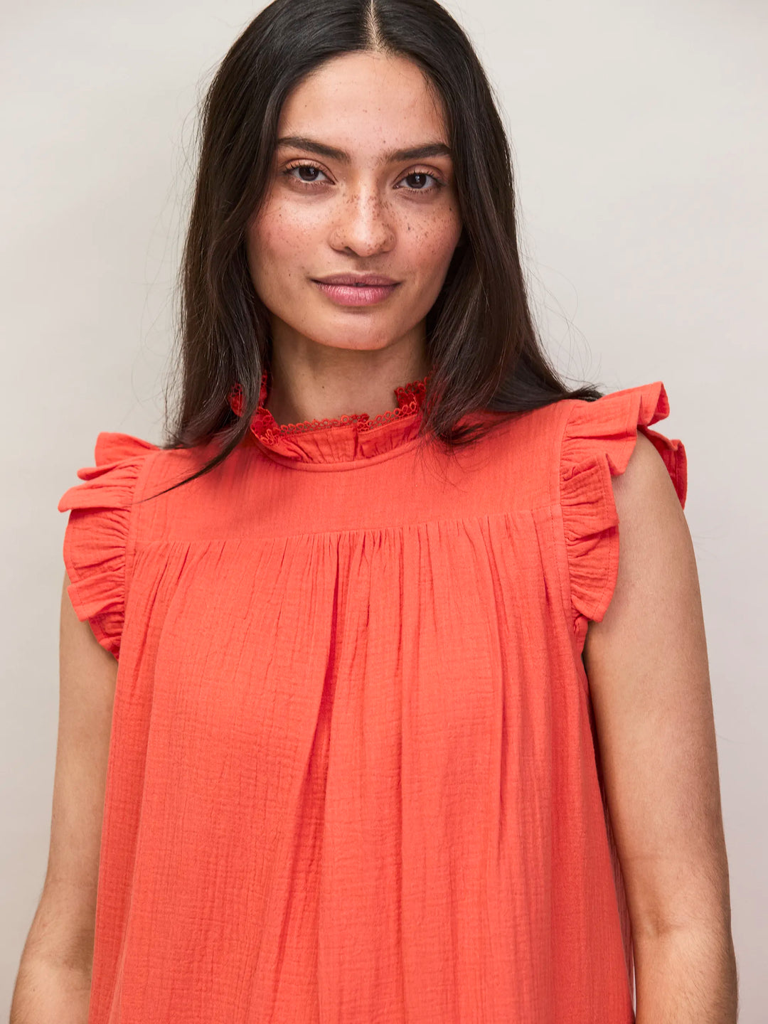 Coral Cheesecloth Frill Neck Mini Dress for Women - gallery