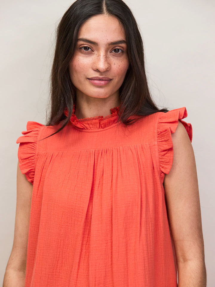 Coral Cheesecloth Frill Neck Mini Dress for Women - gallery