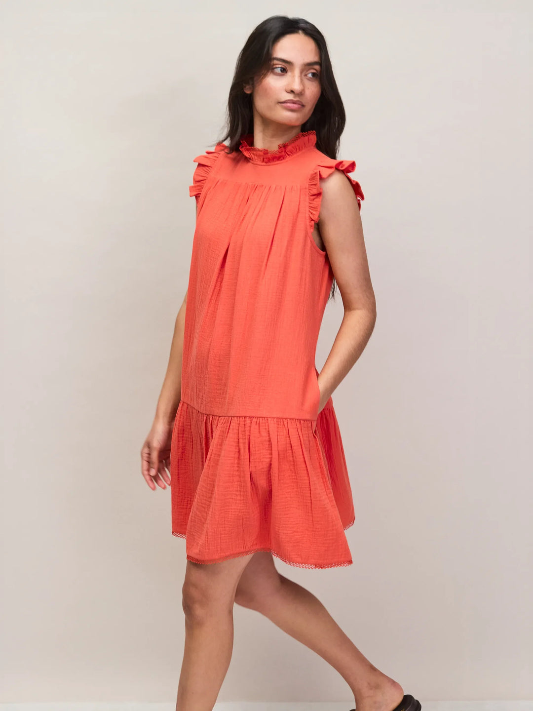 Coral Cheesecloth Frill Neck Mini Dress for Women - gallery