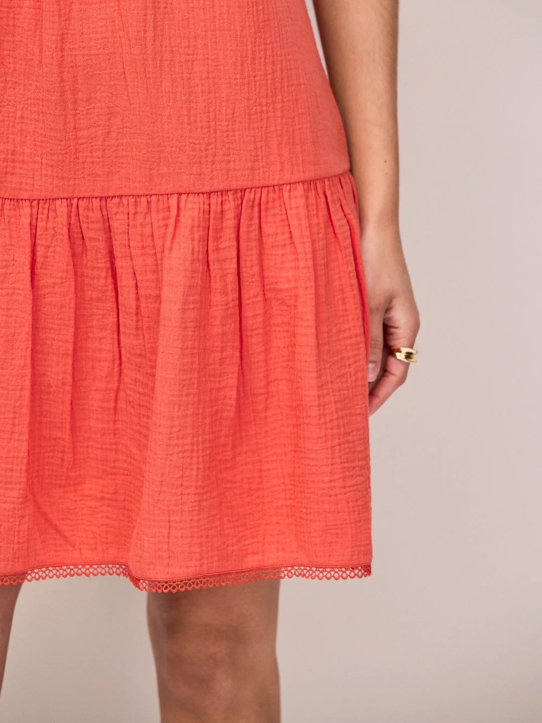 Coral Cheesecloth Frill Neck Mini Dress for Women - gallery