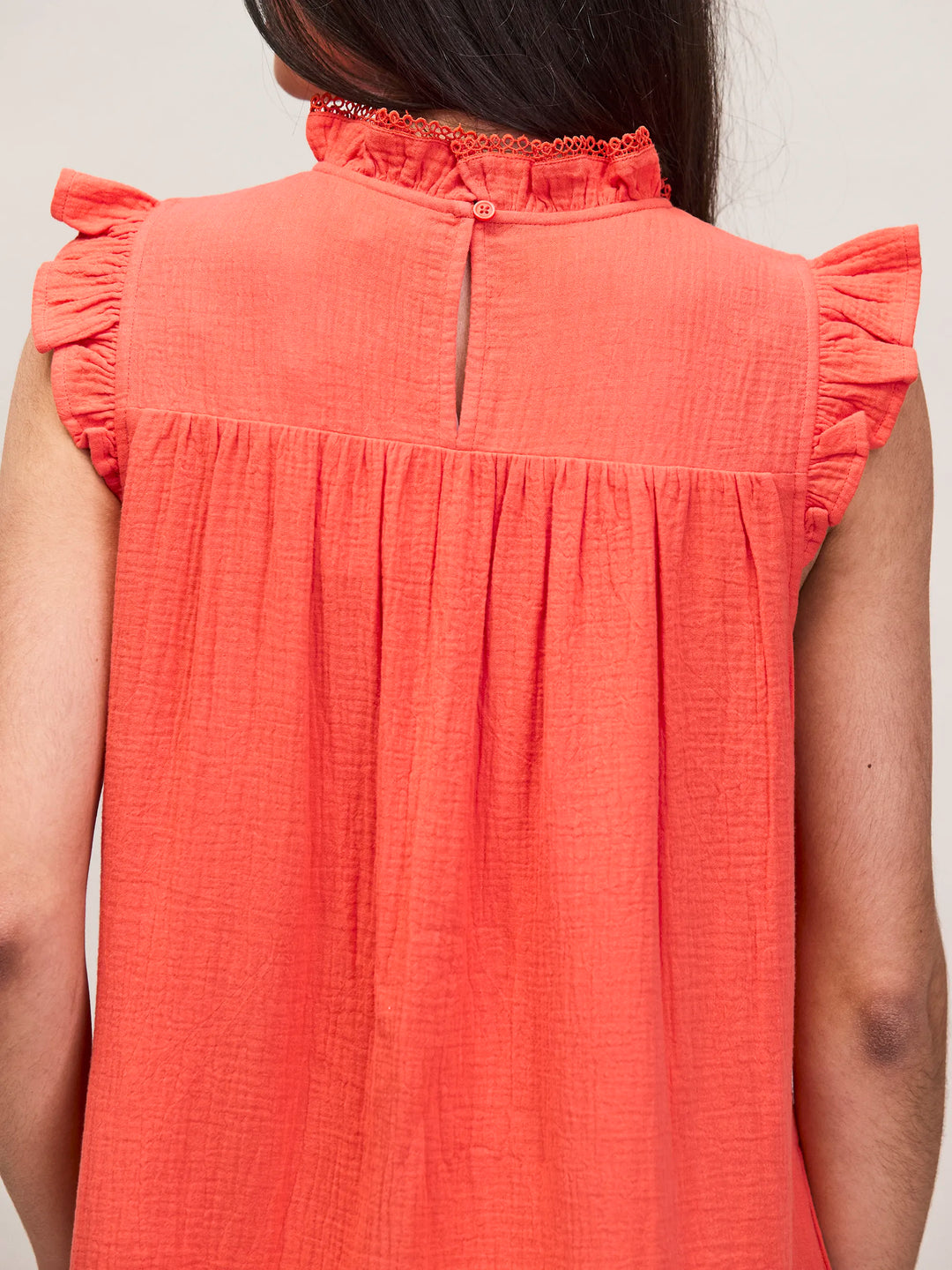 Coral Cheesecloth Frill Neck Mini Dress for Women - gallery