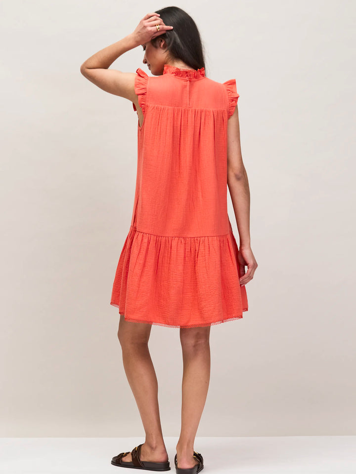 Coral Cheesecloth Frill Neck Mini Dress for Women - gallery