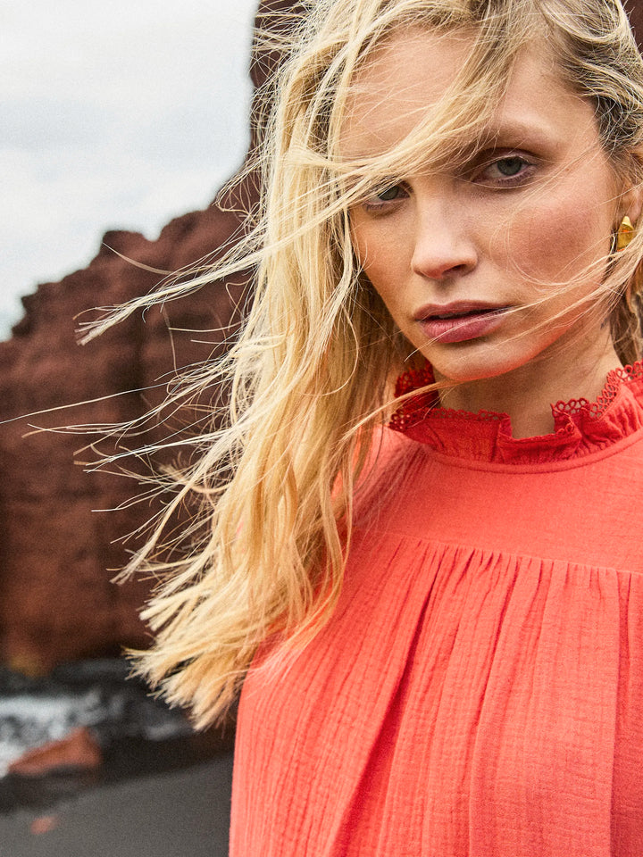Coral Cheesecloth Frill Neck Mini Dress for Women - gallery