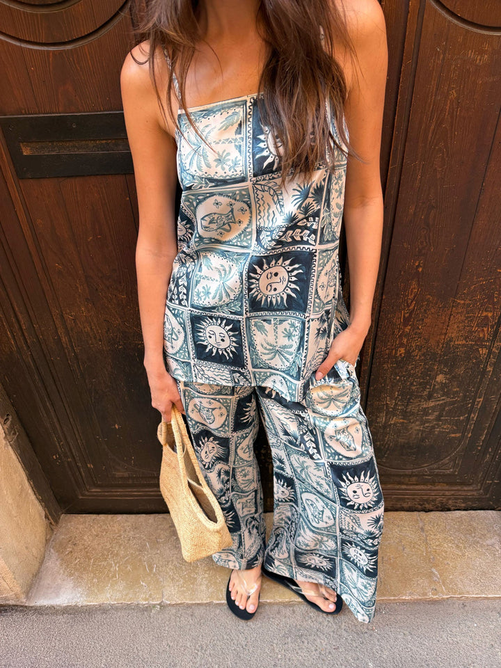 Blue Zodiac Print Long Line Cami Cami Top for Women