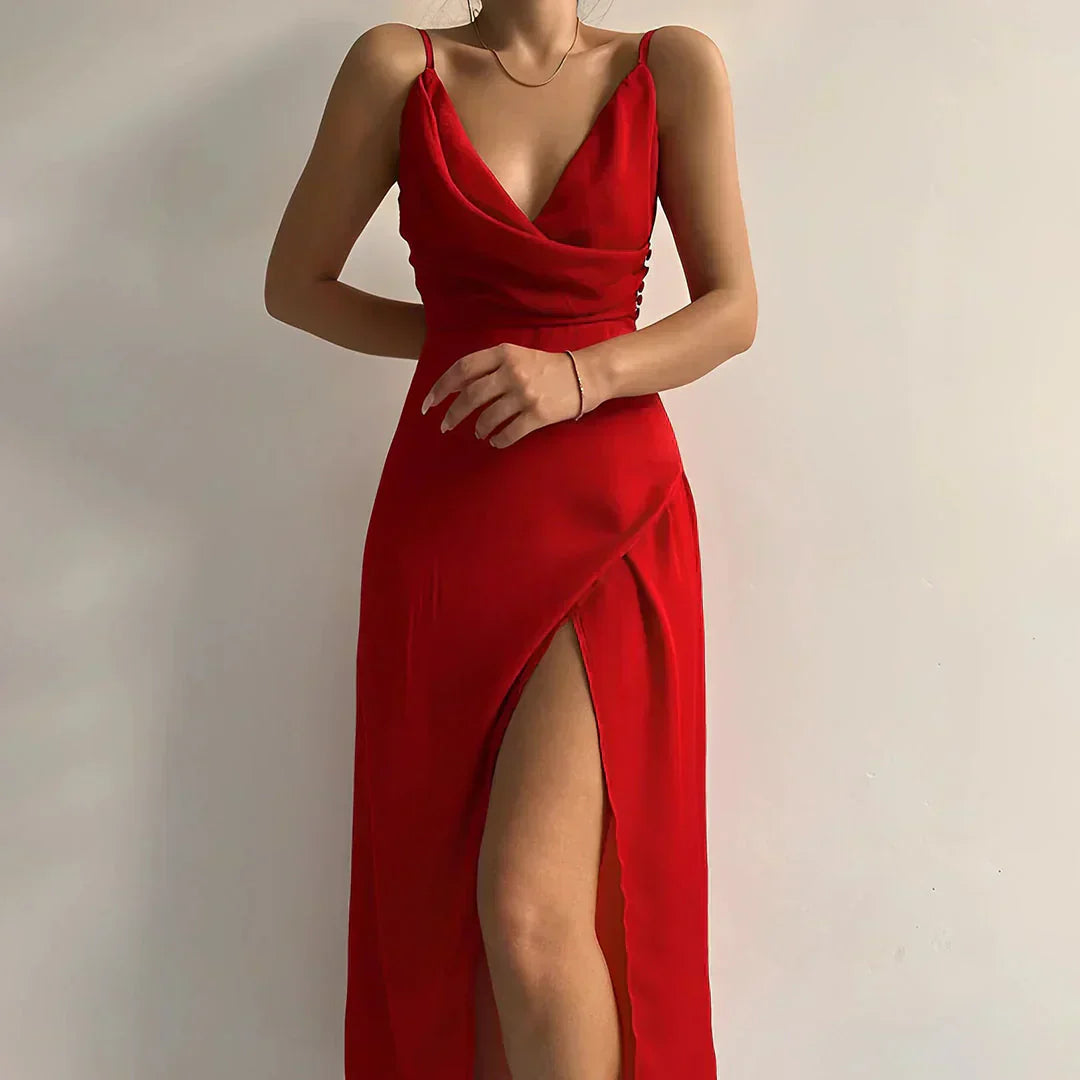 Maxi Dress with Deep V-Neckline and Thigh-High Slit