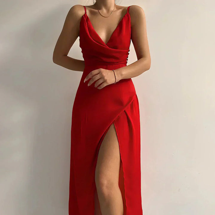 Maxi Dress with Deep V-Neckline and Thigh-High Slit
