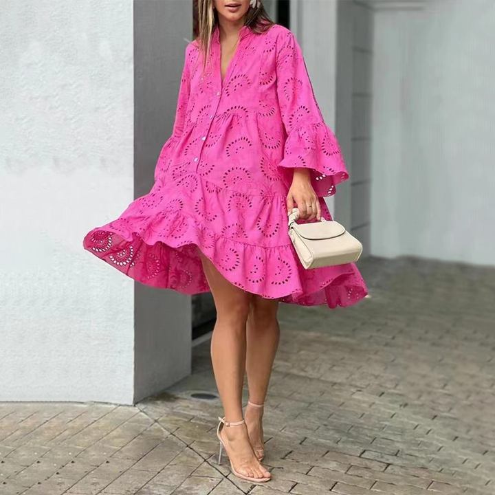 Openwork Shift Dress with Three-Quarter Sleeves for Women