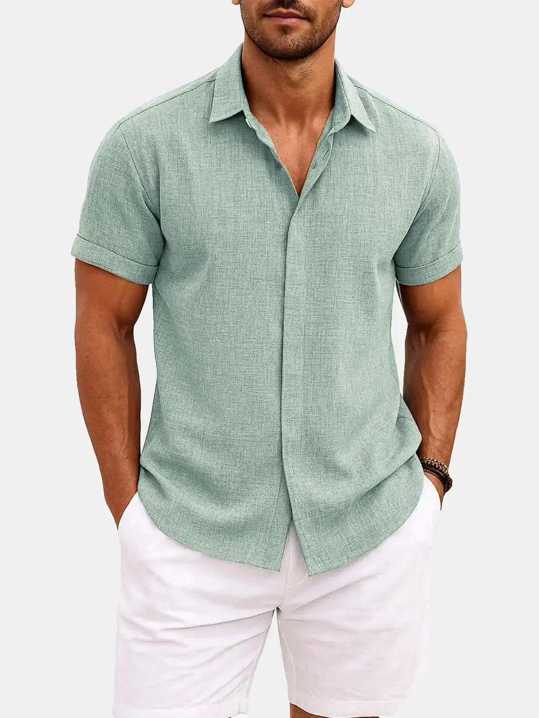 Linen Cotton Blend Short Sleeve Shirt for Men - Light Green