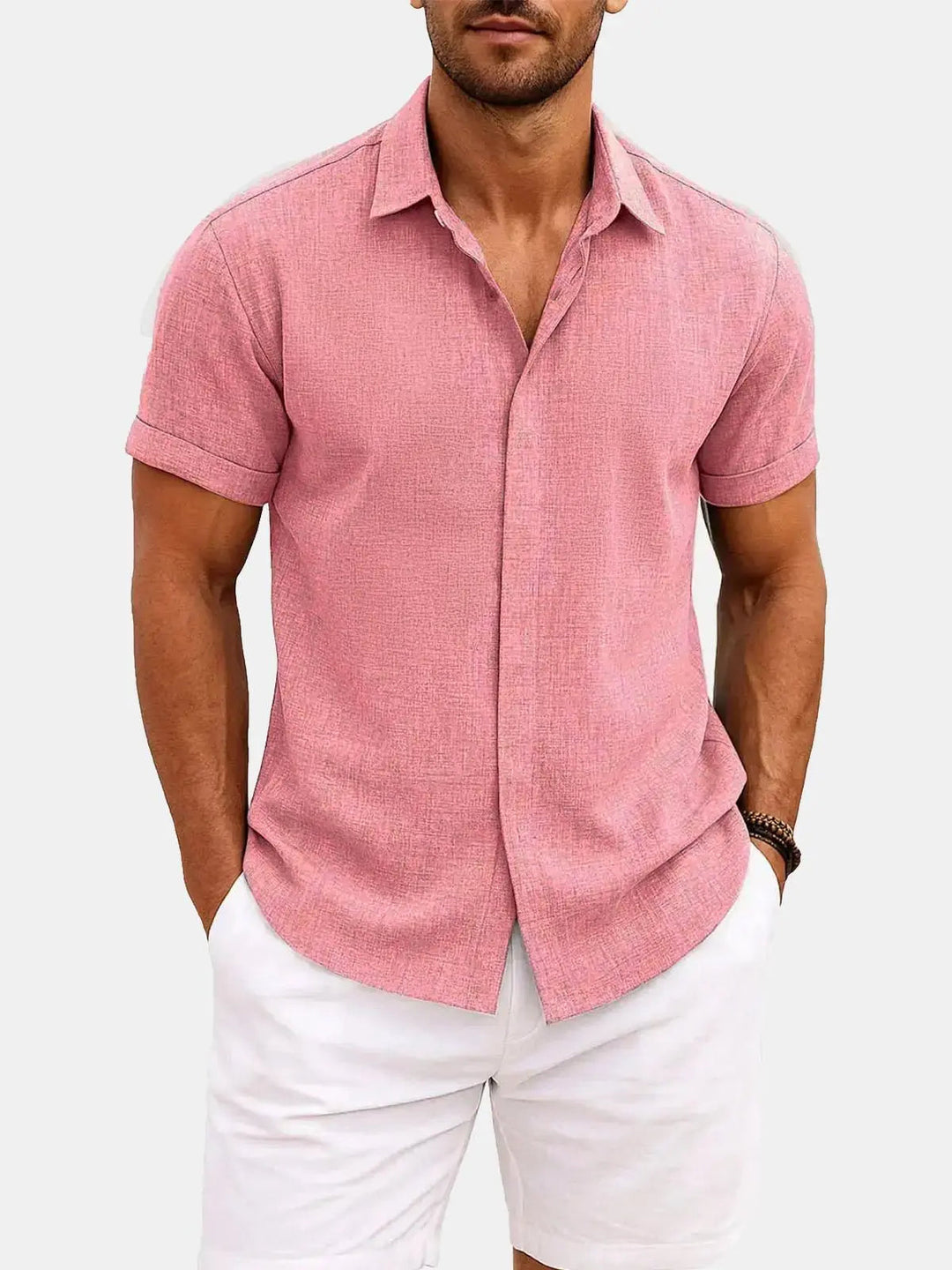 Linen Cotton Blend Short Sleeve Shirt for Men - Pink