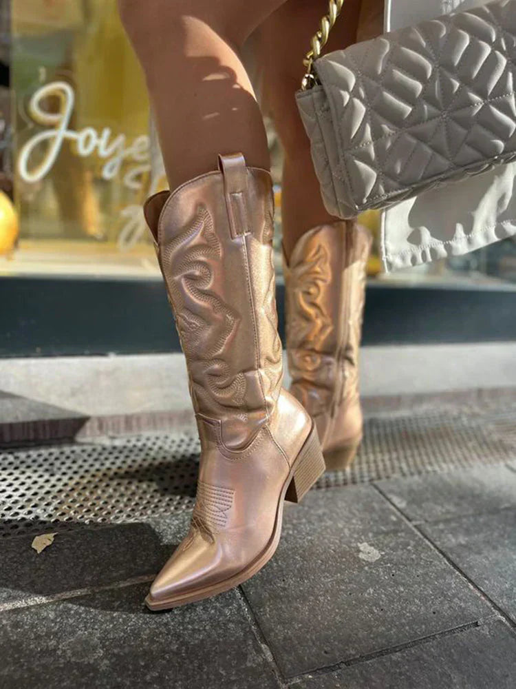 Metallic Cowboy Boots with Block Heel for Women