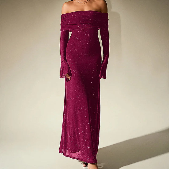 Aurevielle Off Shoulder Glitter Mesh Maxi Dress for Women - gallery
