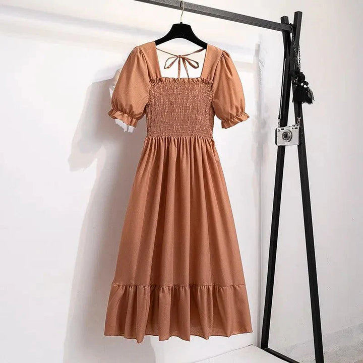 Spring Summer Chiffon Dresses Fashion Female Elastic Waist Short Sleeve Ple - Khaki