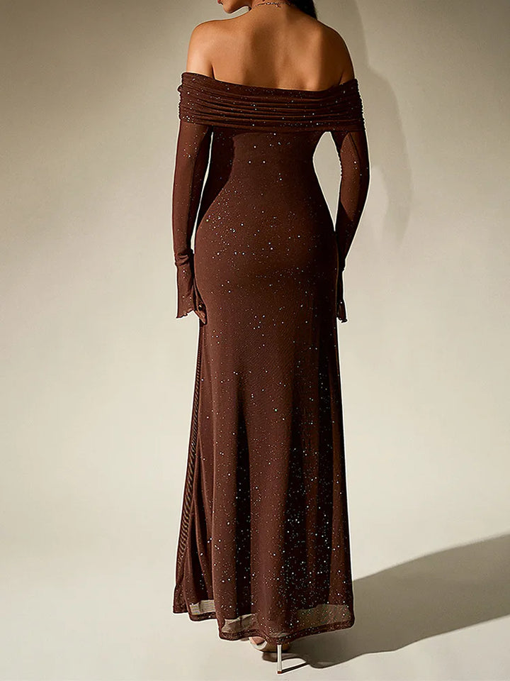 Aurevielle Off Shoulder Glitter Mesh Maxi Dress for Women - gallery