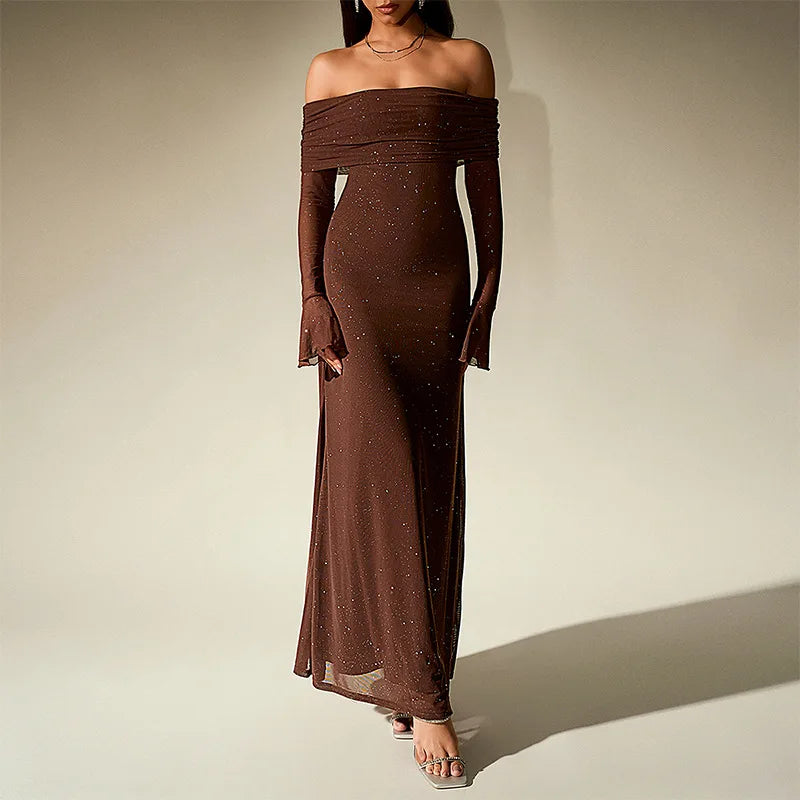 Aurevielle Off Shoulder Glitter Mesh Maxi Dress for Women - Brown