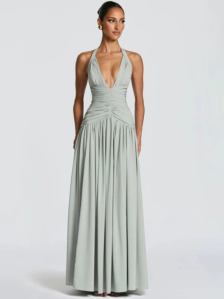 Elira Halter Neck Maxi Dress – Deep V Backless Evening Gown, Ruched High... — gallery