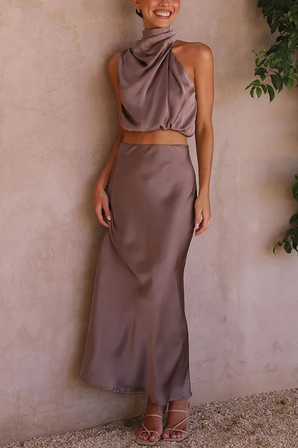 Sleeveless Top and Skirt Set with Asymmetric Neckline