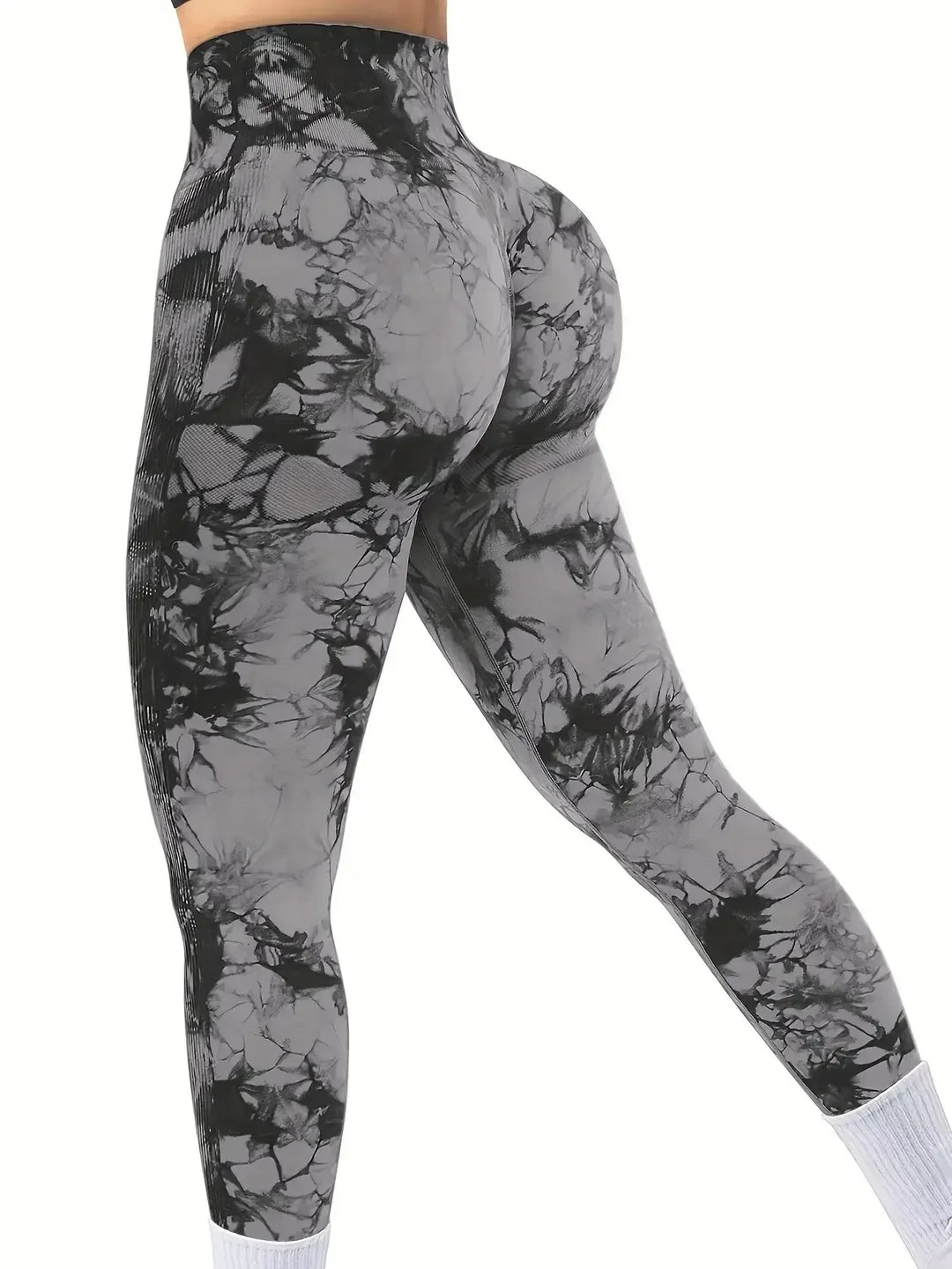 Tie-Dye Seamless Peach Leggings for Women - Grey & Black