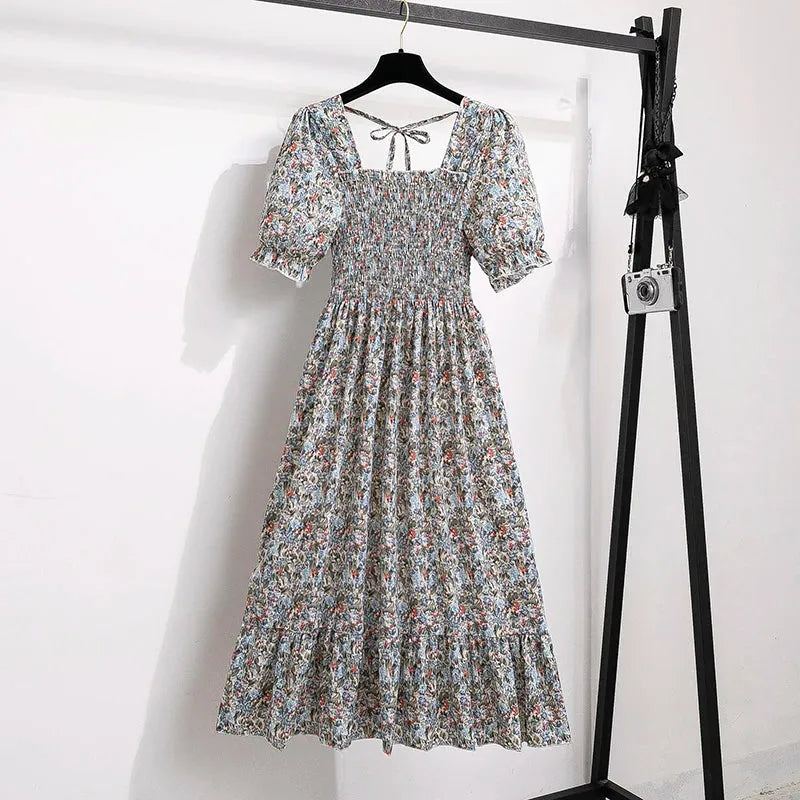 Spring Summer Chiffon Dresses Fashion Female Elastic Waist Short Sleeve Ple - Blue Floral