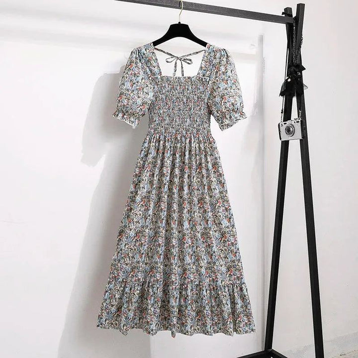 Spring Summer Chiffon Dresses Fashion Female Elastic Waist Short Sleeve Ple - Blue Floral