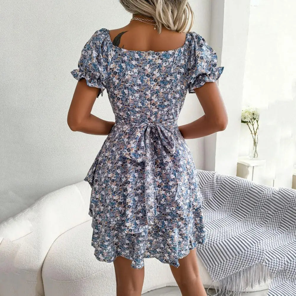 Square-Neck Floral Dress with Puff Sleeves for Women
