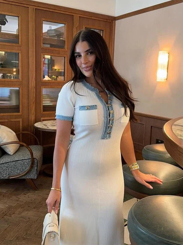 Polo Shirt Dress with Denim Patchwork in Maxi Length