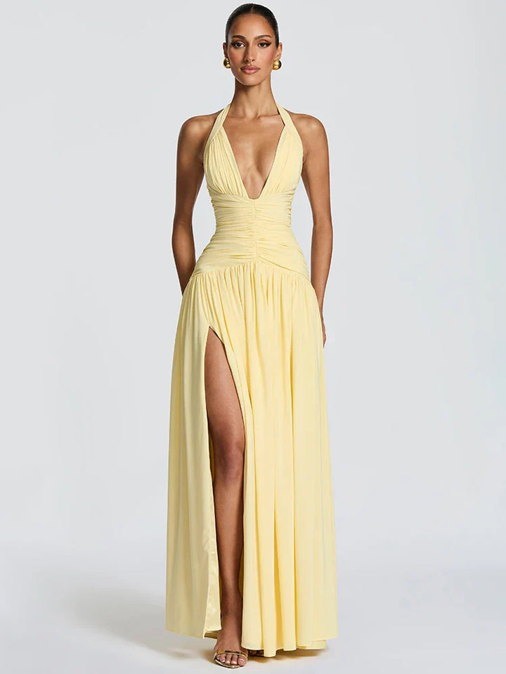 Elira Halter Neck Maxi Dress – Deep V Backless Evening Gown, Ruched High...