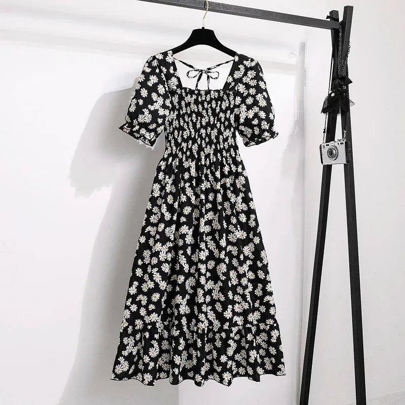Spring Summer Chiffon Dresses Fashion Female Elastic Waist Short Sleeve Ple - Black Daisy