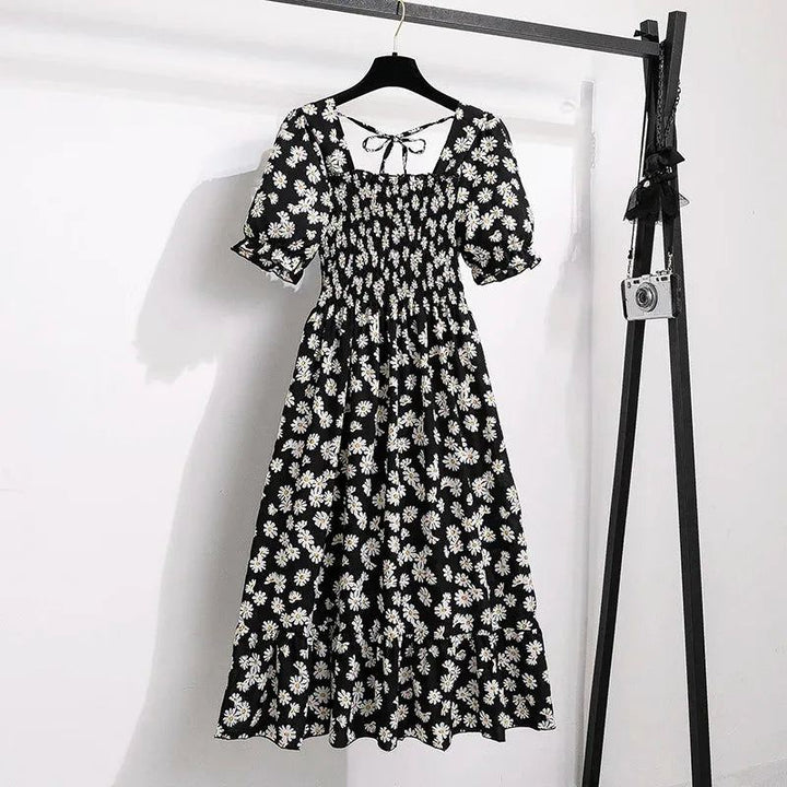 Spring Summer Chiffon Dresses Fashion Female Elastic Waist Short Sleeve Ple - Black Daisy
