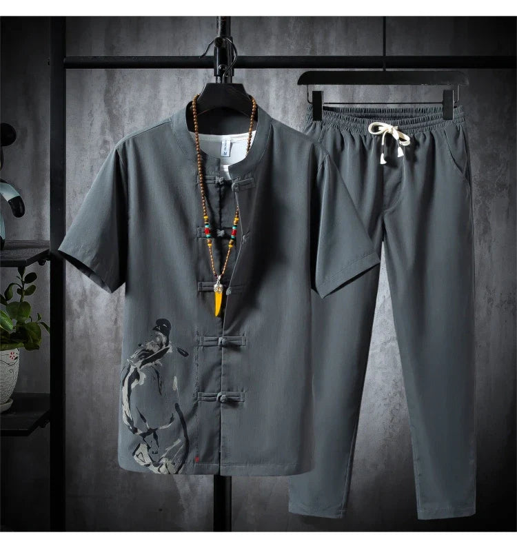 Premium Cotton-Linen Shirt and Trousers Set for Men - Blue Grey