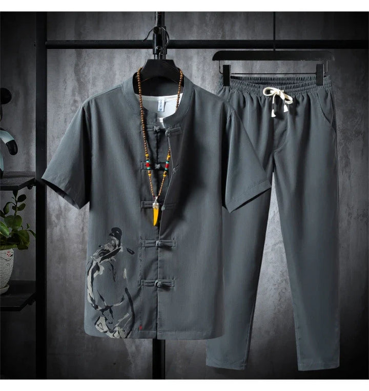 Premium Cotton-Linen Shirt and Trousers Set for Men - Blue Grey