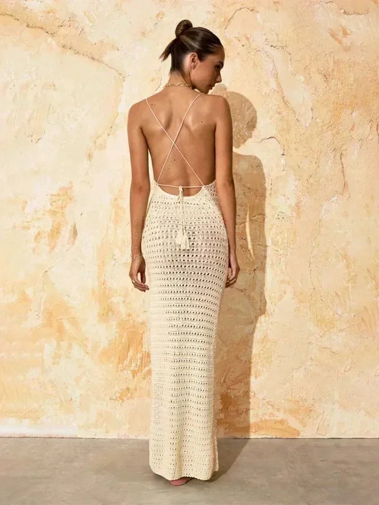 Sorelle Crochet Backless Maxi Dress – Strappy Knit Beach Dress with Side... — gallery
