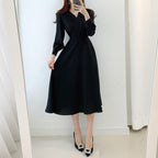 Chic A-Line Dress with V-Neck and Puff Sleeves