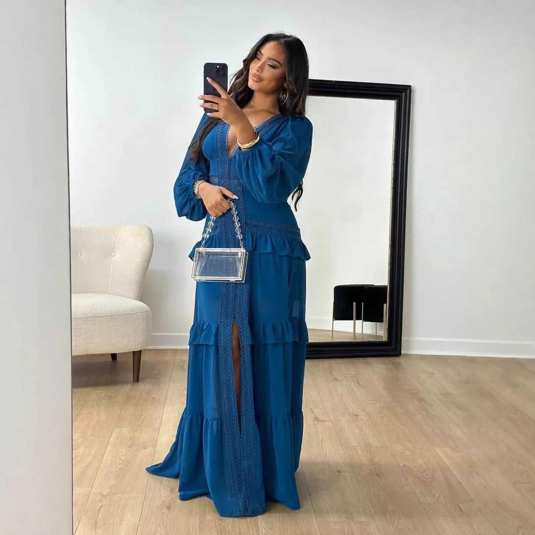 Seralyn Tiered Maxi Dress with Long Sleeves for Women - Deep Blue