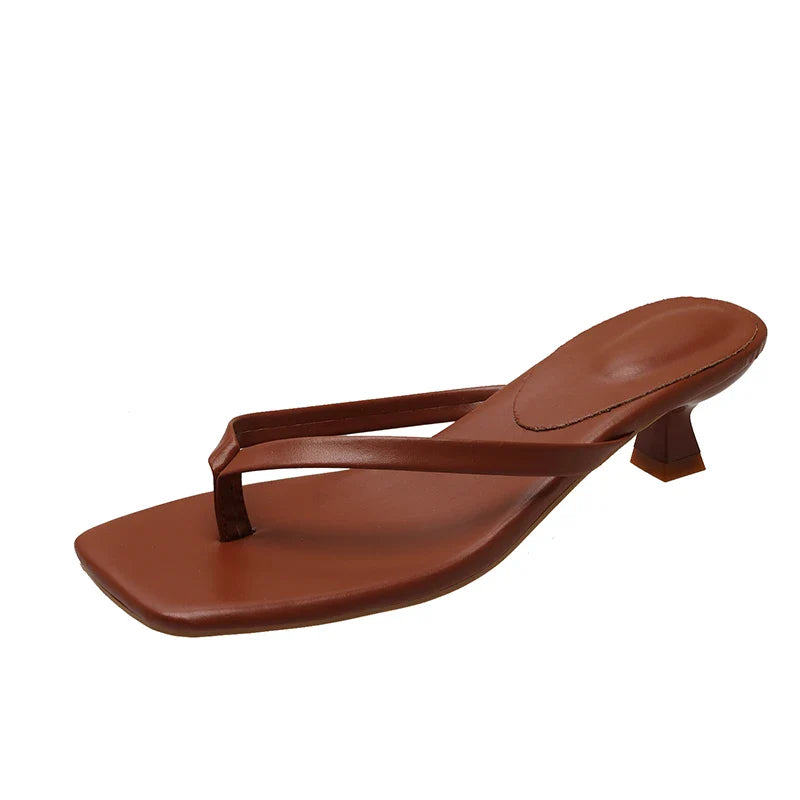 Kitten Heel Slip On Sandals for Women - Brown