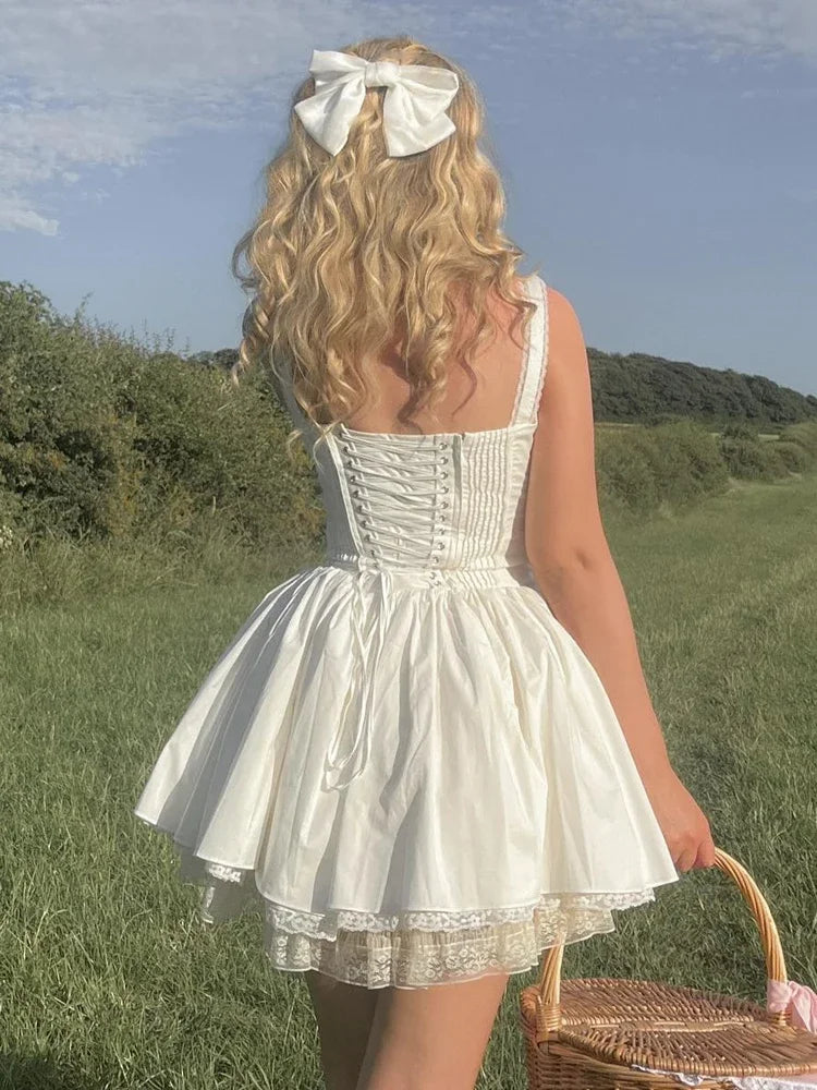 Retro A-Line Dress with Corset Detail and Lace Trim