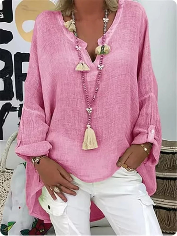 V-Neck Long Sleeve Top for Women - Pink