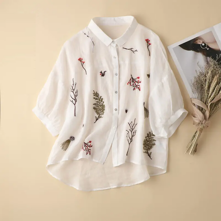 Summer Solid Collar Cotton Three Quarter Shirt Vintage Embroidered Loose Ca - White