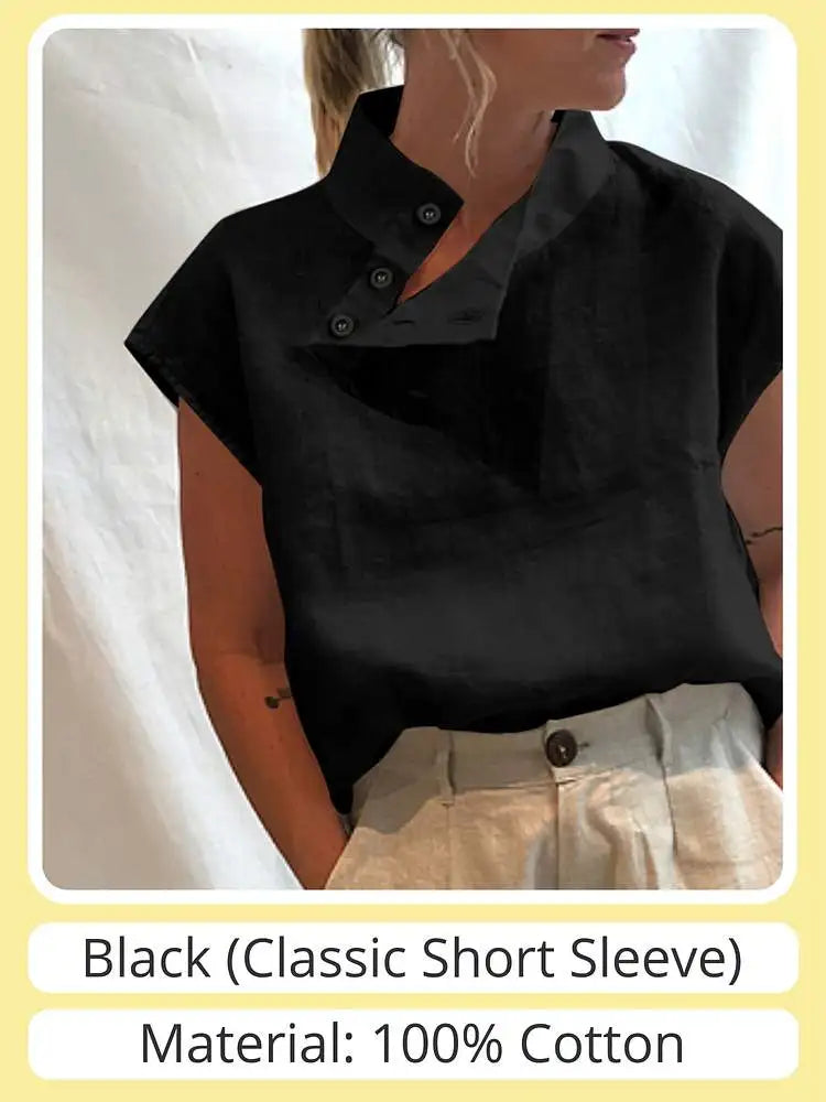 Stylish Cotton Linen Summer Blouse for Women - Black