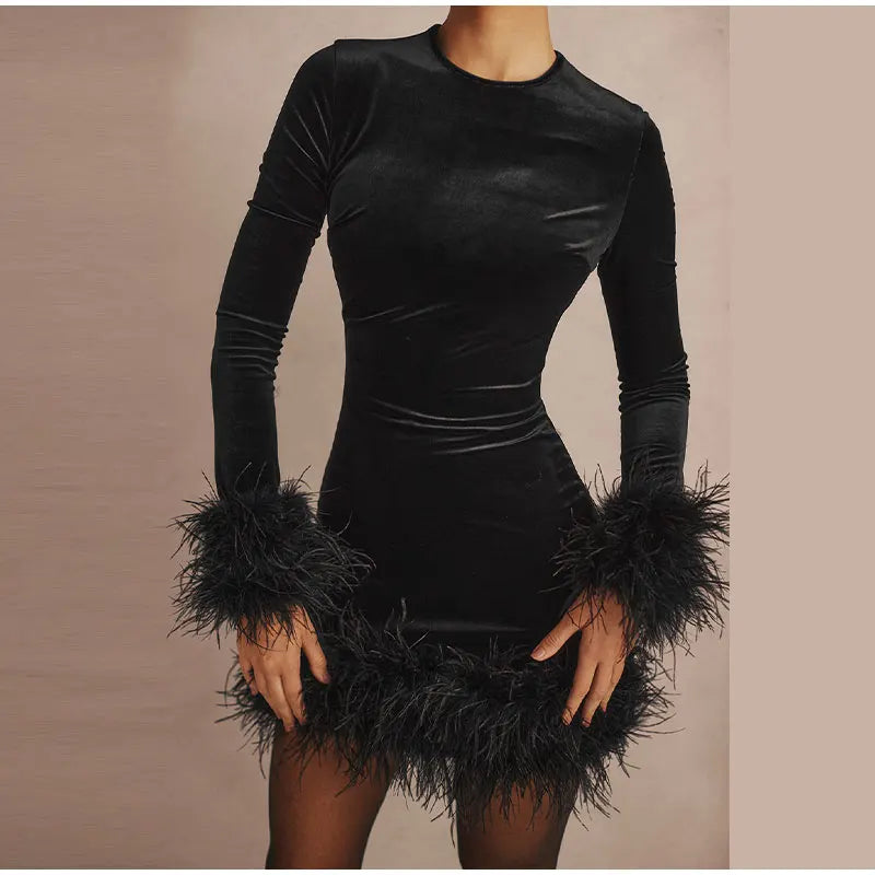 Feather-Trimmed Long-Sleeve Sheath Dress in Black