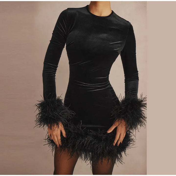 Feather-Trimmed Long-Sleeve Sheath Dress in Black