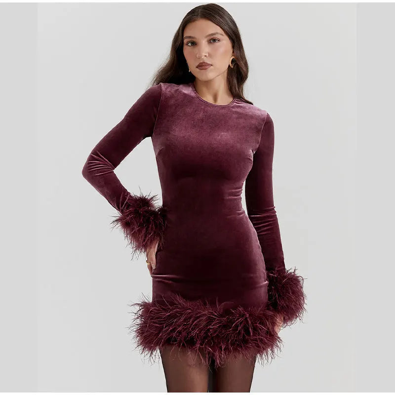 Feather-Trimmed Long-Sleeve Sheath Dress in Black