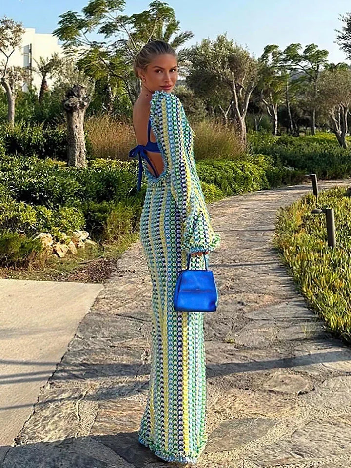 Liora Crochet Backless Maxi Dress – Flared Sleeve Holiday Dress, Beach C... — gallery