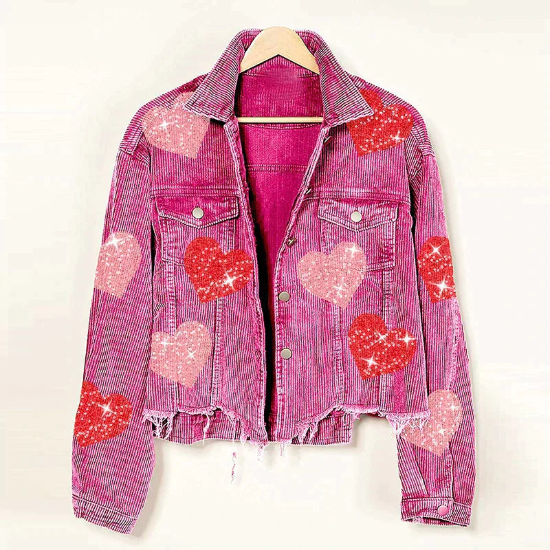 Heart Sequin Corduroy Bomber Jacket for Women