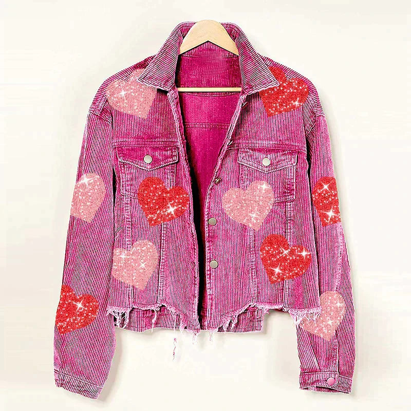 Heart-Embellished Corduroy Jacket with Sequin Detail