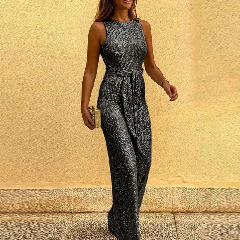 Sequin Jumpsuit with High Neckline and Jogger Trousers